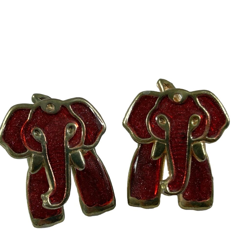 Gold Tone Red Enamel Elephant Earrings Pierced Jungle 3D